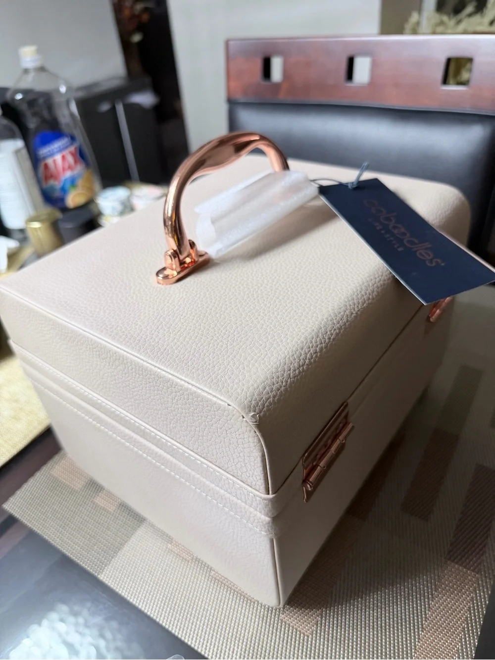 Beige Faux Leather Jewelry Box with Mirror